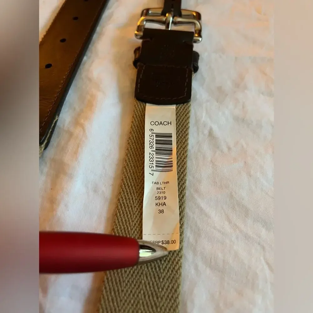 Coach Belt Unisex Brown Leather Khaki Canvas Size 38 Silver Tone Buckle NWT